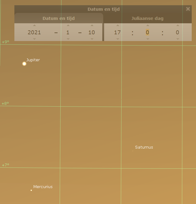 Samenstand van Mercurius met Jupiter en Saturnus. Kijk op 10 januari direct na zonsondergang laag in het ZW.